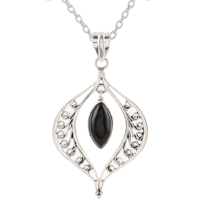 Onyx pendant necklace, 'Midnight Petal' - Sterling Silver and Onyx Pendant Necklace