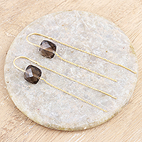 Gold-plated smoky quartz threader earrings, 'Stylish Earth' - Gold-Plated Smoky Quartz Threader Earrings