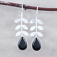 Onyx drop earrings, 'Leafy Drop' - Sterling Silver and Black Onyx Drop Earrings