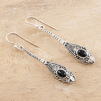 Onyx dangle earrings, 'Magical Snake' - Handmade Sterling Silver and Onyx Drop Earrings