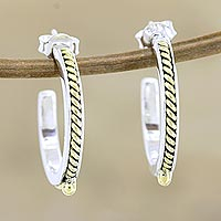 Sterling silver half-hoop earrings, 'Midday Break' - Sterling Silver and Brass Half-Hoop Earrings