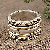 Sterling silver meditation spinner ring, 'Spin Me Right Round' - Sterling Silver and Brass Meditation Spinner Ring