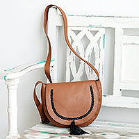 Leather sling bag, 'Sing Softly in Brown' - Hand Crafted Brown Leather Sling Bag
