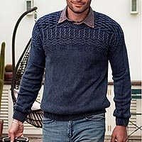Blue Overdyed Cotton Knit Pullover for Men from India,'Lived-in Comfort'