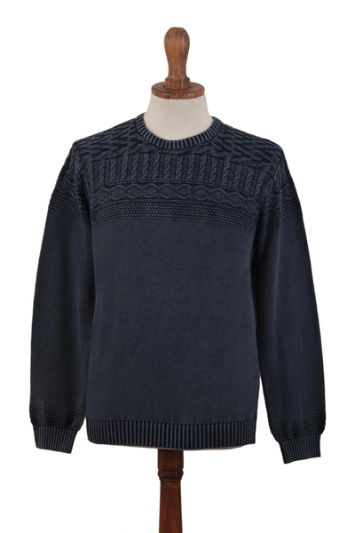 Blue Overdyed Cotton Knit Pullover for Men from India