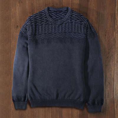 Men's cotton sweater, 'Lived-in Comfort' - Blue Overdyed Cotton Knit Pullover for Men from India