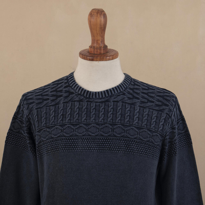 Men's cotton sweater, 'Lived-in Comfort' - Blue Overdyed Cotton Knit Pullover for Men from India