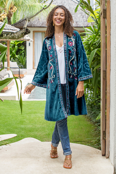 Cotton velvet kimono jacket, Blue Kashmiri Garden