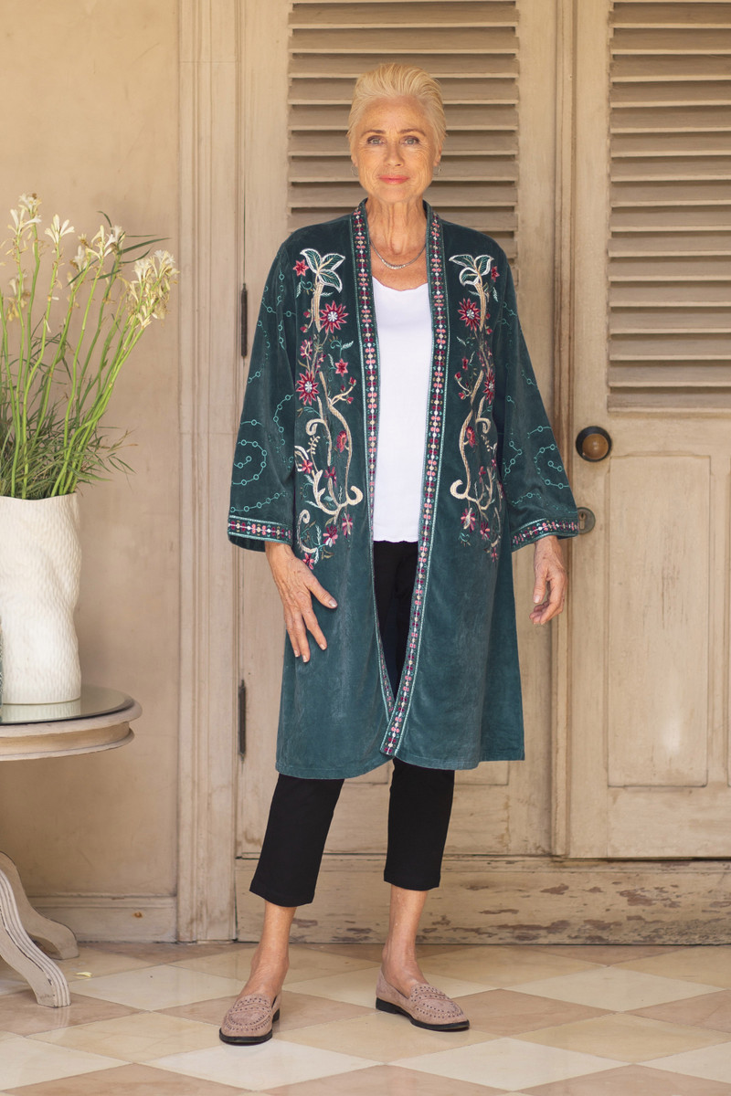 Embroidered Long Blue Cotton Velvet Open Front Jacket - Kashmiri