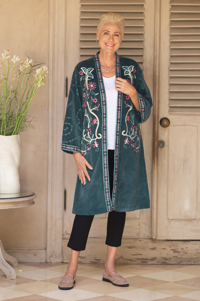 Cotton velvet kimono jacket, 'Blue Kashmiri Garden' - Embroidered Long Blue Cotton Velvet Open Front Jacket