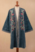 Cotton velvet kimono jacket, 'Blue Kashmiri Garden' - Embroidered Long Blue Cotton Velvet Open Front Jacket