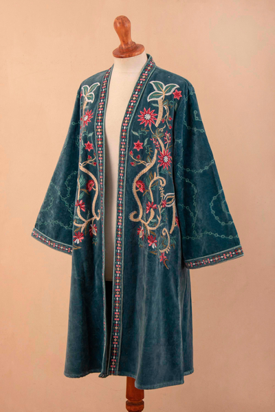 Cotton velvet embroidered jacket, 'Daytime Chic' - Embroidered Long Blue Cotton Velvet Open Front Jacket