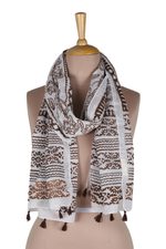 Block-printed cotton shawl, 'Buoyant Blossom' - Indian Block-Printed Cotton Shawl
