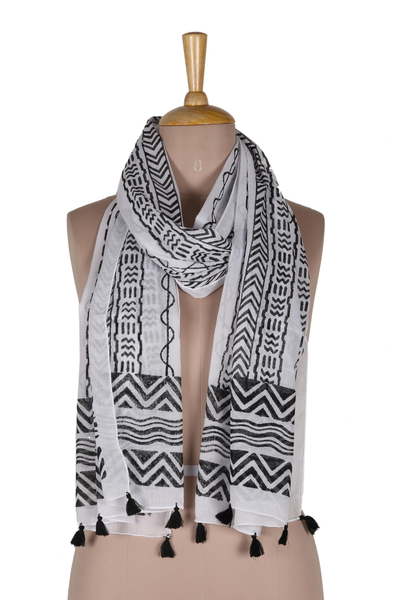 Block-printed cotton shawl, 'Creative Path' - Geometric Block-Printed Cotton Shawl