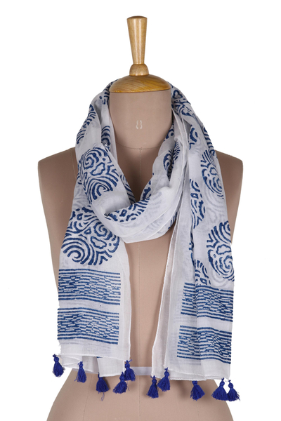 Block-printed cotton shawl, 'Royal Orbs' - Block-Printed Blue and White Cotton Shawl
