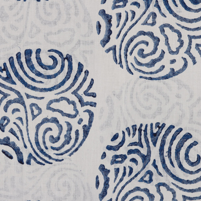Block-printed cotton shawl, 'Royal Orbs' - Block-Printed Blue and White Cotton Shawl