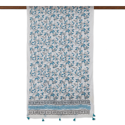 Block-printed cotton shawl, 'Azure Leaves' - Block-Printed Leaf-Motif Cotton Shawl