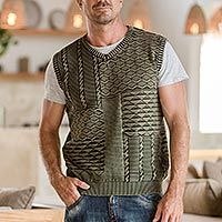 Men's Cotton Sweater Vest from India,'Olive Leaf'