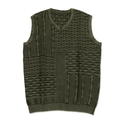 Men's cotton sweater vest, 'Olive Leaf' - Men's Cotton Sweater Vest from India