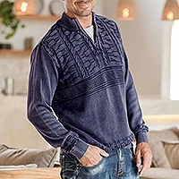 Herren-Baumwollpullover, „Stylish in Charcoal“ – Herren-Pullover aus Stone-gewaschener Baumwolle