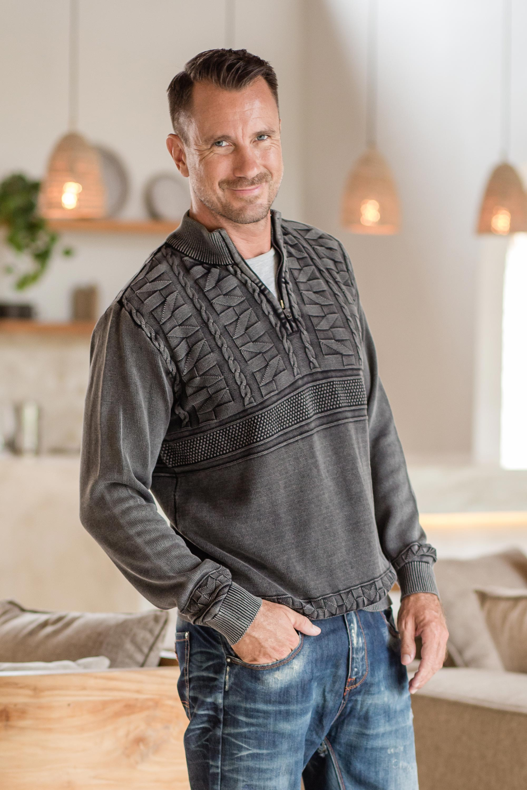 Men's Stone Washed Cotton Pullover Sweater, 'Stylish in Charcoal