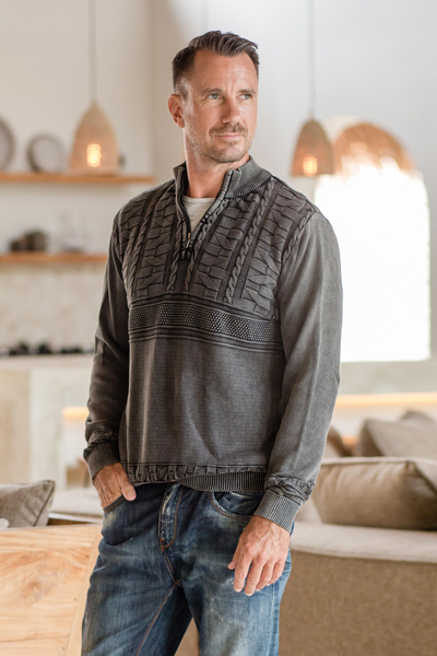 Men's cotton sweater, 'Stylish in Charcoal' - Men's Stone Washed Cotton Pullover Sweater