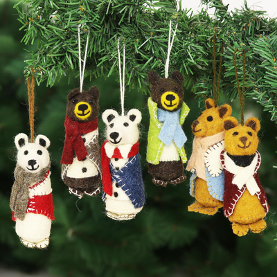 Wool holiday ornaments, Cozy Bear Pairs (set of 6)