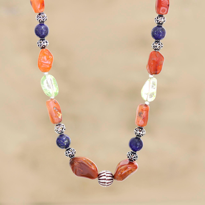 Multi-gemstone beaded necklace, 'Moon Dance' - Lapis Lazuli and Carnelian Beaded Necklace