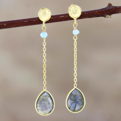 Gold-plated labradorite dangle earrings, 'After Dinner' - Hand Made Gold-Plated Labradorite Dangle Earrings