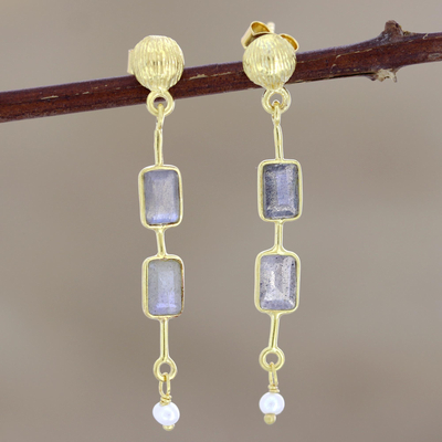 Gold-plated labradorite and cultured pearl dangle earrings, 'New Year' - Gold-Plated Labradorite and Pearl Dangle Earrings
