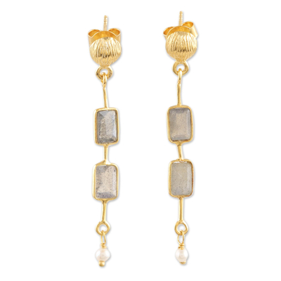 Gold-Plated Labradorite and Pearl Dangle Earrings