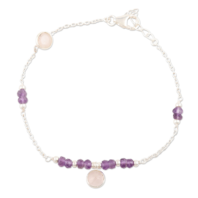 Amethyst and rose quartz charm bracelet, 'Pink Morning' - Handmade Amethyst and Rose Quartz Charm Bracelet