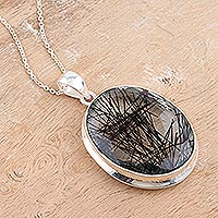 Tourmalinated quartz pendant necklace, 'Shattered' - Natural Tourmalinated Quartz Necklace