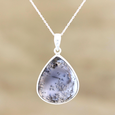 Dendritic agate pendant necklace, 'Forest Frond' - Sterling Silver Dendritic Agate Necklace