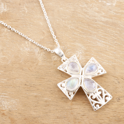 Rainbow moonstone pendant necklace, 'True Faith' - Sterling Silver and Rainbow Moonstone Cross Necklace