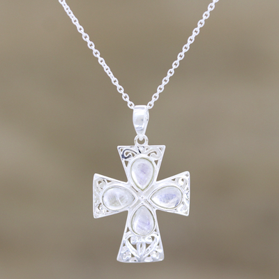 Rainbow moonstone pendant necklace, 'True Faith' - Sterling Silver and Rainbow Moonstone Cross Necklace