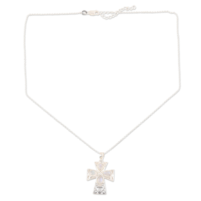 Regenbogen-Mondstein-Anhänger-Halskette - Kreuz-Halskette aus Sterlingsilber und Regenbogenmondstein