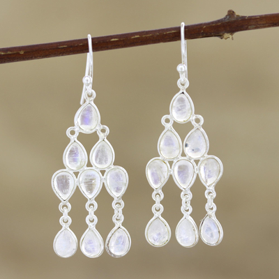 Rainbow moonstone chandelier earrings, 'Misty Cascade' - Sterling Silver and Rainbow Moonstone Chandelier Earrings