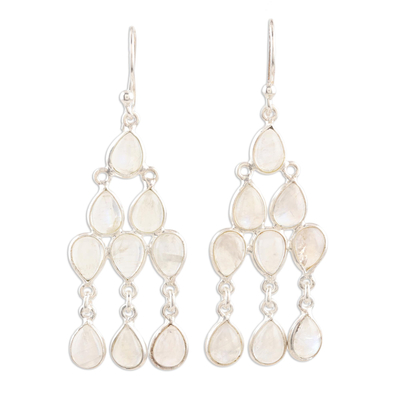 Rainbow moonstone chandelier earrings, 'Misty Cascade' - Sterling Silver and Rainbow Moonstone Chandelier Earrings