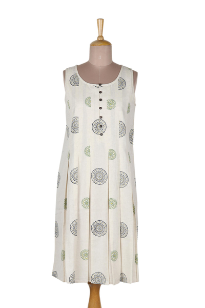 Block-printed a-line dress, 'Flower Dance' - Block-Printed Cotton A-Line Dress