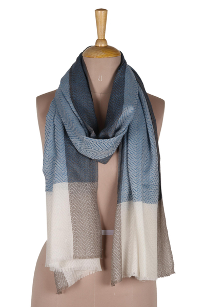 Wool blend shawl, 'Too Cool in Blue' - Blue Wool and Silk Blend Shawl from India