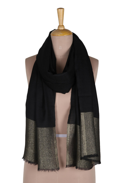 Wool blend shawl, 'Everyday Elegance in Black' - Black Wool and Silk Blend Shawl with Lurex Thread