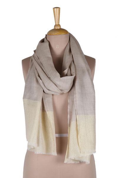 Wool blend shawl, 'Everyday Elegance in Taupe' - Woven Wool Blend Shawl with Golden Lurex