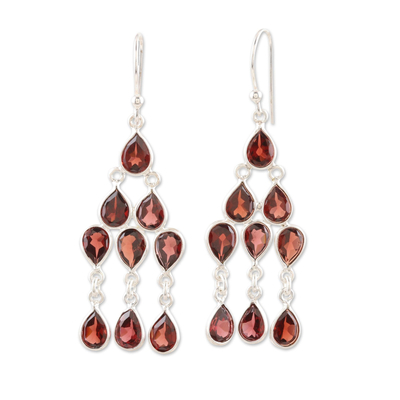 Garnet chandelier earrings, 'Garnet Cascade' - Sterling Silver and Garnet Chandelier Earrings