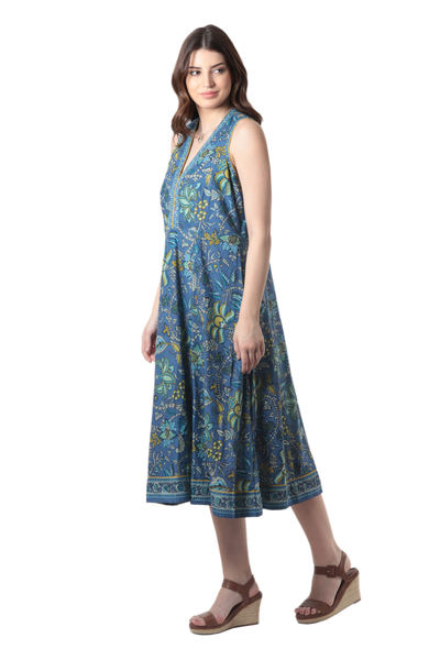Printed cotton a-line dress, 'Blue Garden' - Cotton Floral-Motif Sleeveless A-Line Dress