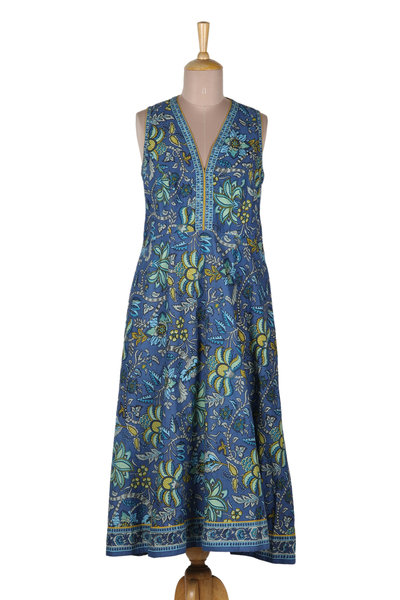 Printed cotton a-line dress, 'Blue Garden' - Cotton Floral-Motif Sleeveless A-Line Dress
