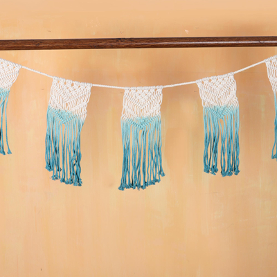 Cotton macrame bunting, 'Knotted Harmony' - Blue and White Cotton Macrame Bunting