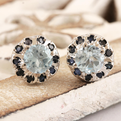 Rhodium-plated blue topaz and sapphire stud earrings, Blue Fire