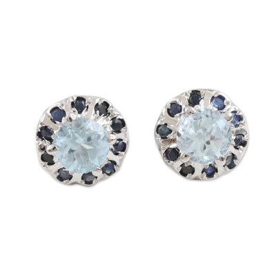 Rhodium-Plated Blue Topaz and Sapphire Stud Earrings