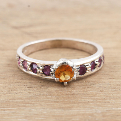 Citrine and ruby solitaire ring, 'Shimmering Union in Yellow' - Indian Citrine and Ruby Solitaire Ring